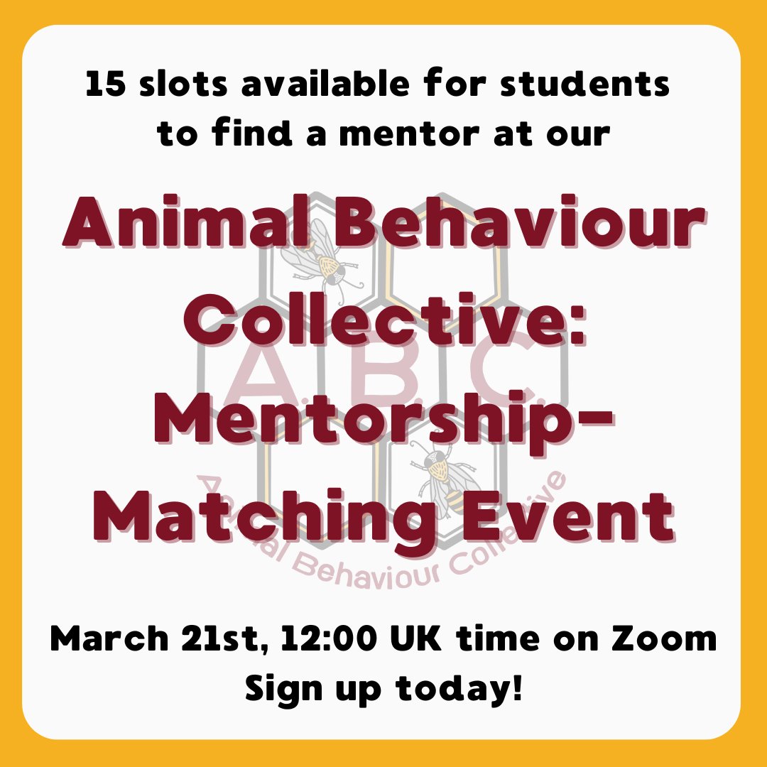 Are you a student in animal behaviour? Are you searching for a mentor? We have 15 slots available for our mentorship matching event next week. Reply here or email animalbehaviourcollective@gmail.com to sign up today!