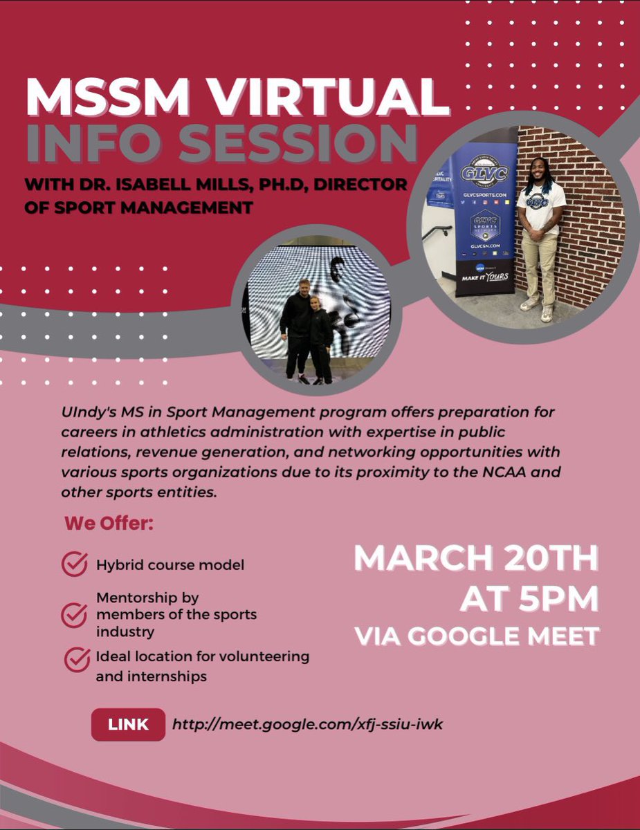 Sport Management @UIndy (@uindysportmgt) on Twitter photo 🎓 Want to dive deeper into what <a href="/uindy/">University of Indianapolis</a>'s Masters of Science in Sport Management program entails?
Join <a href="/IzzyBizzy11/">Dr. Isabell Mills</a> on March 20th for our MSSM Virtual Info session! 🏀⚽
#uindy #uindymssm #uindysportsmgt" 🎓 Want to dive deeper into what <a href="/uindy/">University of Indianapolis</a>'s Masters of Science in Sport Management program entails?
Join <a href="/IzzyBizzy11/">Dr. Isabell Mills</a> on March 20th for our MSSM Virtual Info session! 🏀⚽
#uindy #uindymssm #uindysportsmgt"