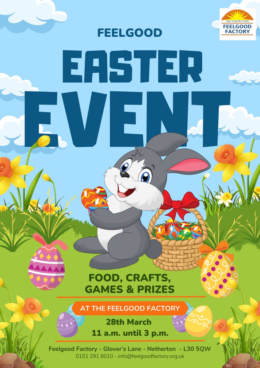 Be sure to come along to the Feelgood Factory on the 28th March to take part in our Easter Event. Between 11 a.m. and 3 p.m. there will be a cafe, games, stalls and an Easter Bonnet parade and competition. For more details of Easter at the Feelgood go to: feelgoodfactory.org.uk/index.php/2-un…