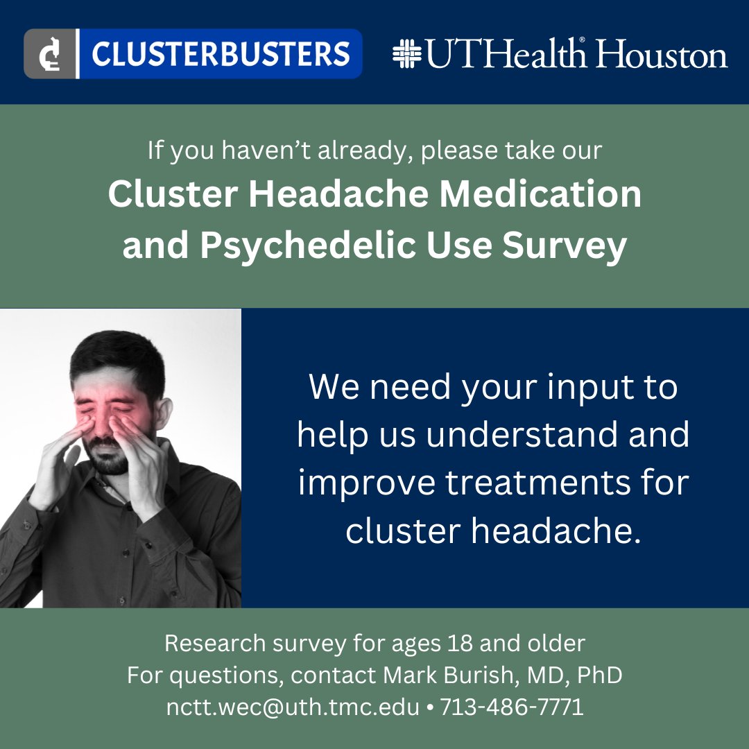 If you haven’t already, please take the Cluster Headache Medication and Psychedelic Use Survey. We want to understand what is working for our community and gain insights to inform advocacy and the development of better treatments. Survey closes 3/31: conta.cc/3NRqa7a