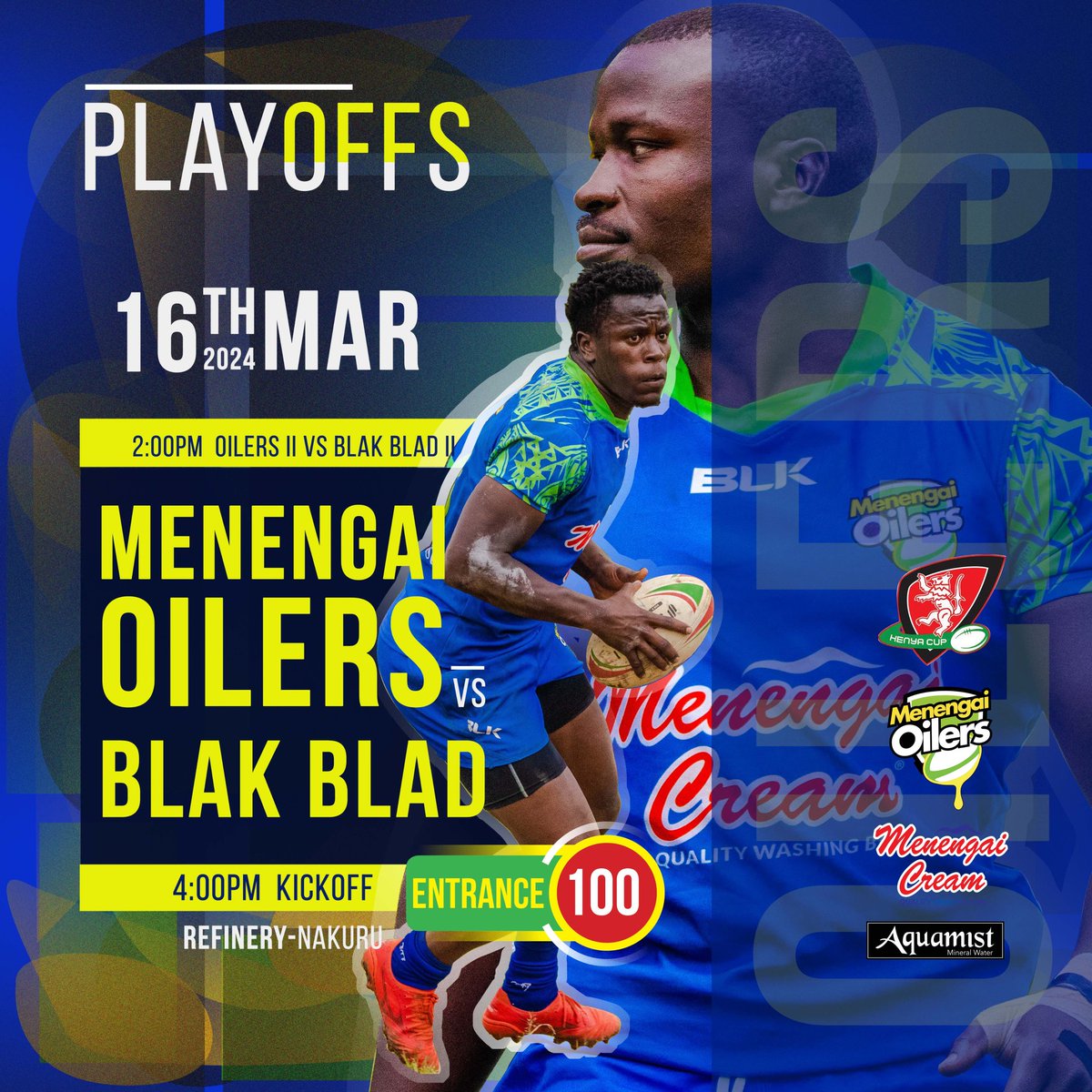 Hii Ni Kubwaaa! #KenyaCup and #ESS playoffs at the Refinery (Nakuru ASK Showground) against @BlakBladRC. Kama kawa show up in large numbers vile nyinyi hudo we push the Boyz. #MenengaiCream #KenyasNo1BarSoap #StayhydratedwithAquamist #AskforAquamist #RugbyKe #WellOiledMachine