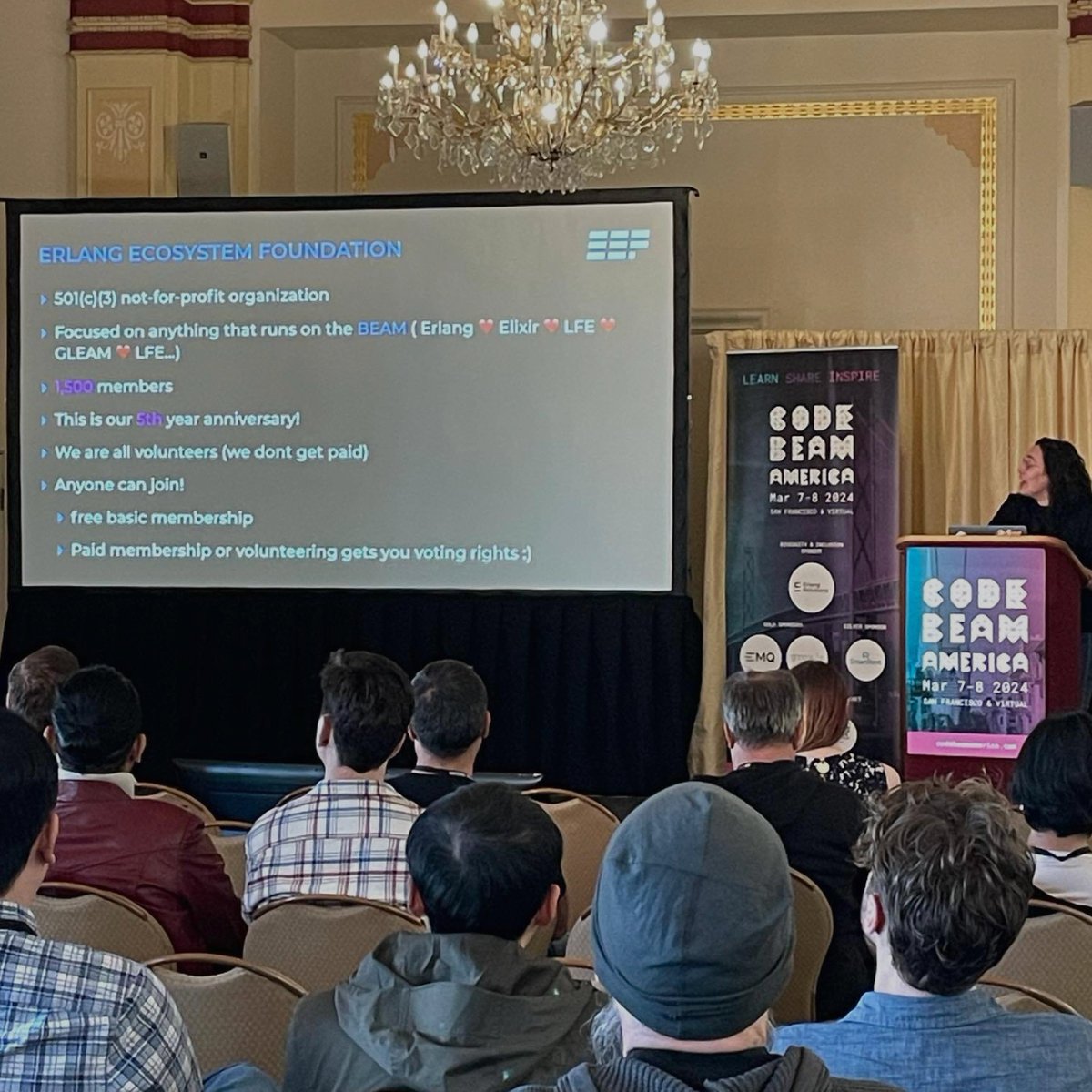 TheErlef's tweet image. Take part in something bigger! 🚀

What a great time we had at @CodeBEAMio! Thank you all for joining @miriampena&apos;s talk on the 5th anniversary of EEF to learn more about our Foundation ❤️

Let&apos;s keep growing together! 🌱

#Erlang #MyElixirStatus #CodeBEAM