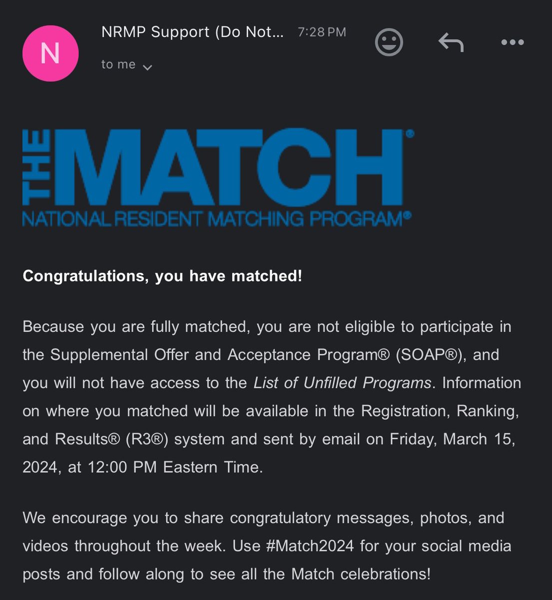 Thrilled to announce I’ve matched into residency! Huge thanks to my mentors for their invaluable support and guidance. #Match2024 #IMProud