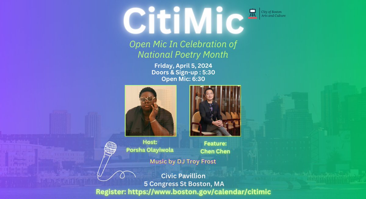 Join us for an open mic celebrating National Poetry Month in April! 📅 Friday, April 5, 2024 🕔 Doors and sign-up at 5:30 p.m., programming at 6 p.m. 📍 Civic Pavilion, City Hall Plaza RSVP: boston.gov/calendar/citim…