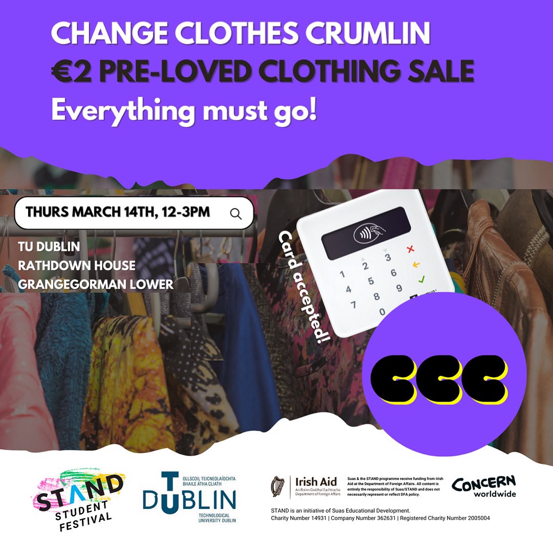 In celebration of #TUDublinGreenWeek, STAND.ie have organised for @ChangeClothesCr to come to @WeAreTUDublin at our Grangegorman campus this Thursday 14 March to sell awesome pre-loved clothes for just €2!