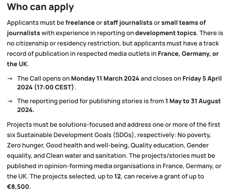 📢 Great opportunity for journalists reporting about development issues with a solutions journalism focus: <a href="/soljourno/">Solutions Journalism Network</a> and <a href="/ejcnet/">European Journalism Centre</a> are offering up to €8,500 for up to 12 projects to be published later this year in France, Germany or the UK.
Details: ejc.net/funding/soluti…