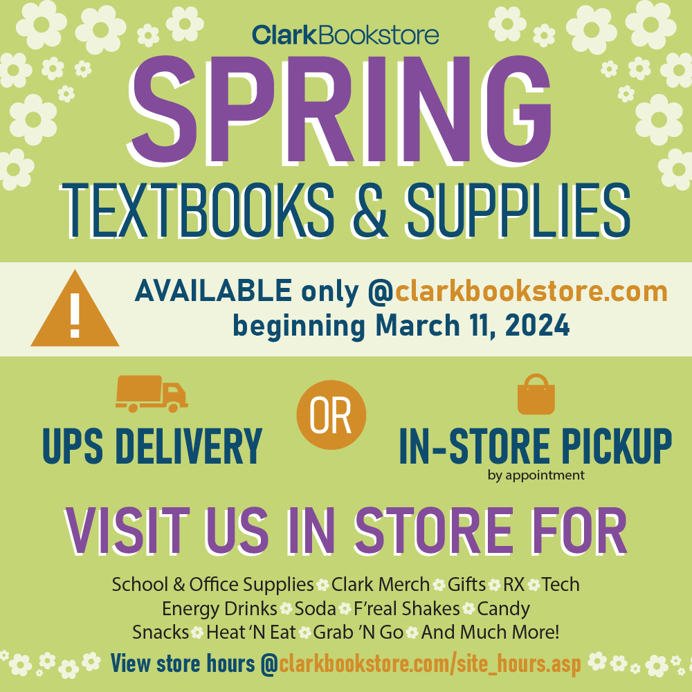 ClarkBookstore's tweet photo. Calling all penguins! 🐧 Spring textbooks are available NOW! Head to https://t.co/RLLZF1Lx5o today to secure your materials. Visit us in store for supplies, merch, gifts, food &amp; beverages, and much more! See our store hours at https://t.co/zTgE7PxLgR. https://t.co/zaikiXBrnB