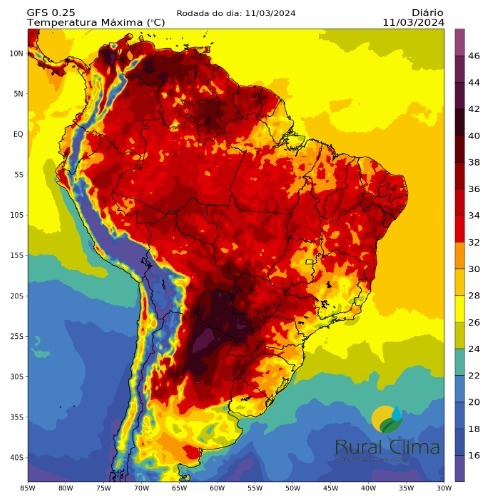 #Corn Futures in Brz jumped today due to the weather. A heat dome will take temperatures to over 40 °C (>104 F) this week, which is linked to El Niño presence.

The map Shows the Max Temps today. The heat dome will persist up to the weekend.