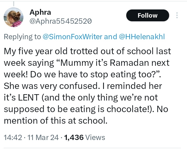 Yes @Aphra55452520 Lent is just about giving up chocolate.

I remember that from Paul's Letters to  Cadbury's.

'And it came to pass we should give up the Dairy Milk for a bit'

Moving stuff.

Plus of course the rest of your story is bollocks too.

#Lent2024