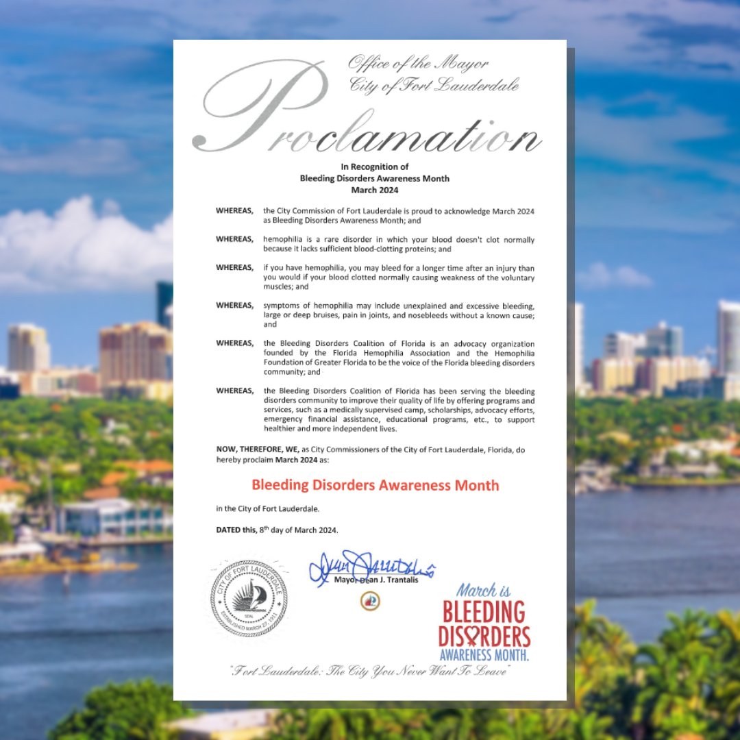 FLHemoAssoc's tweet image. Thank you to @DeanTrantalis and @FTLCityNews for recognizing March 2024 as Bleeding Disorders Awareness Month with this proclamation! 🩸

#BDAM2024 #BleedingDisordersAwarenessMonth #bleedingdisorders #hemophilia #vwd