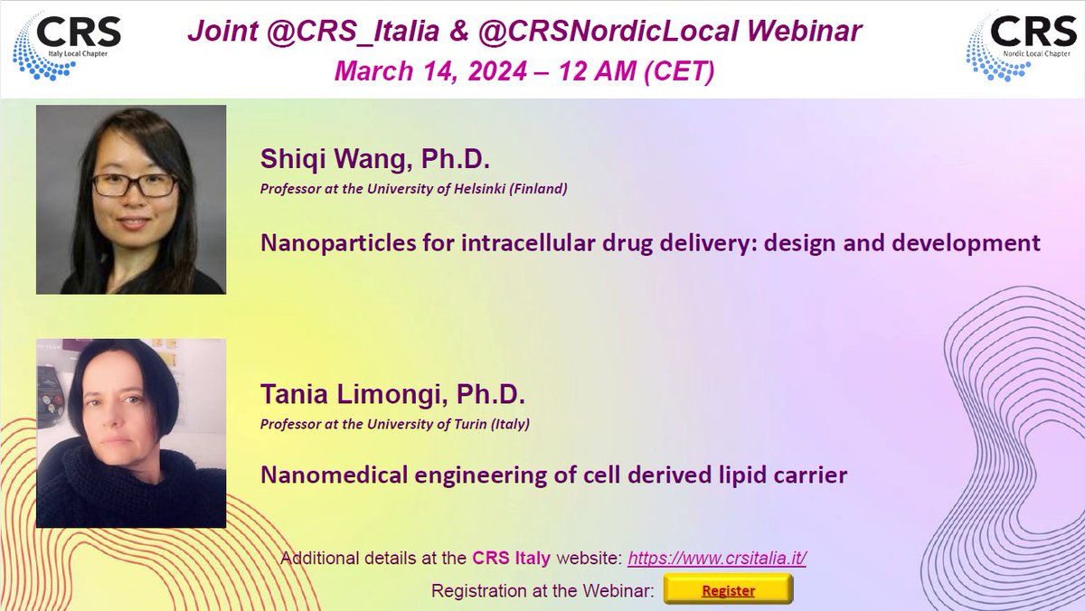 After a little break, we are glad to restart the <a href="/CRS_Italia/">CRS Italy Local Chapter</a> and <a href="/CRSNordicLocal/">CRS Nordic Local Chapter</a> joint webinars. Mark your calendar for this Thursday March 14th: we'll be hearing from prof. Shiqi Wang <a href="/helsinkiuni/">University of Helsinki</a> and prof. Tania Limongi <a href="/unito/">Università di Torino</a>. Register at unipd.zoom.us/meeting/regist…