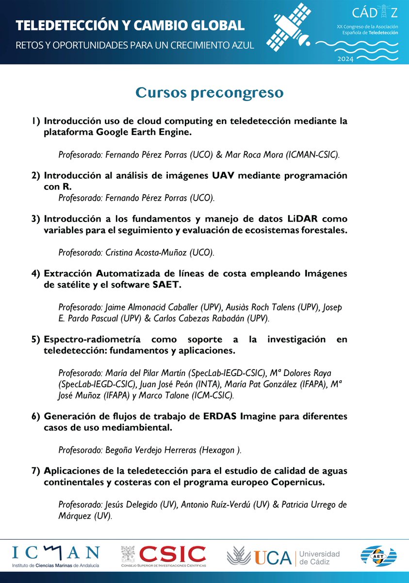 📢Seguimos con la oferta de los 7 #Cursos pre-congreso #AET2024 📆#Cadiz 4 de junio 2024 Este año tenemos una lista excelente de profesorado y de ámbitos científico-técnicos. ¡No os los podéis perder! ℹ️eo.csic.es/aet2024 @teledetect @CSIC @ICMAN_CSIC @intaespana