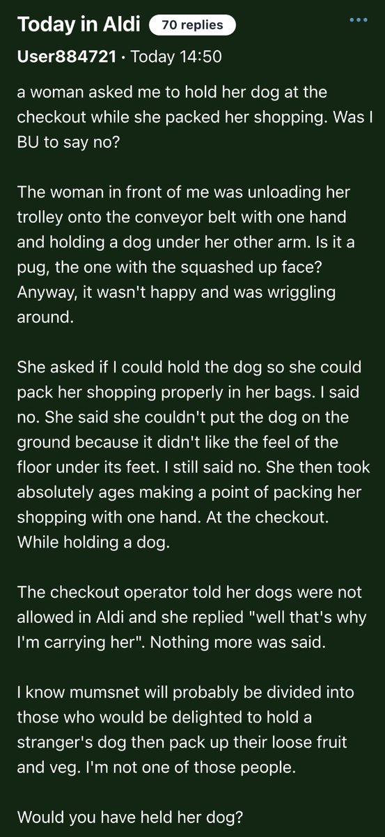 “She said she couldn't put the dog on the ground because it didn't like the feel of the floor under its feet”