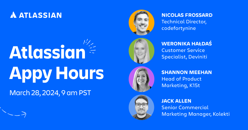 Confluence's tweet photo. Join us for the first #AppyHours of the year on 3/28 at 9am PST! Don't miss out on learning more about 4 different apps, and vote for your favorite app to win Best App Demo!  🏆 https://t.co/ve2M4qvvcX

#Atlassian #AppyHours
#AtlassianMarketplace
@Atlassian @AtlassianMarket https://t.co/xGZXutgcPX