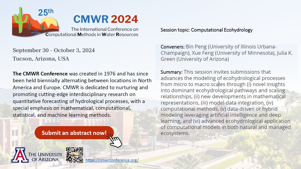 Submissions are now open for the Conference on Computational Methods in Water Resources @CMWR_2024! Come to Tucson this Fall to present your work on Computational Ecohydrology! cmwrconference.org