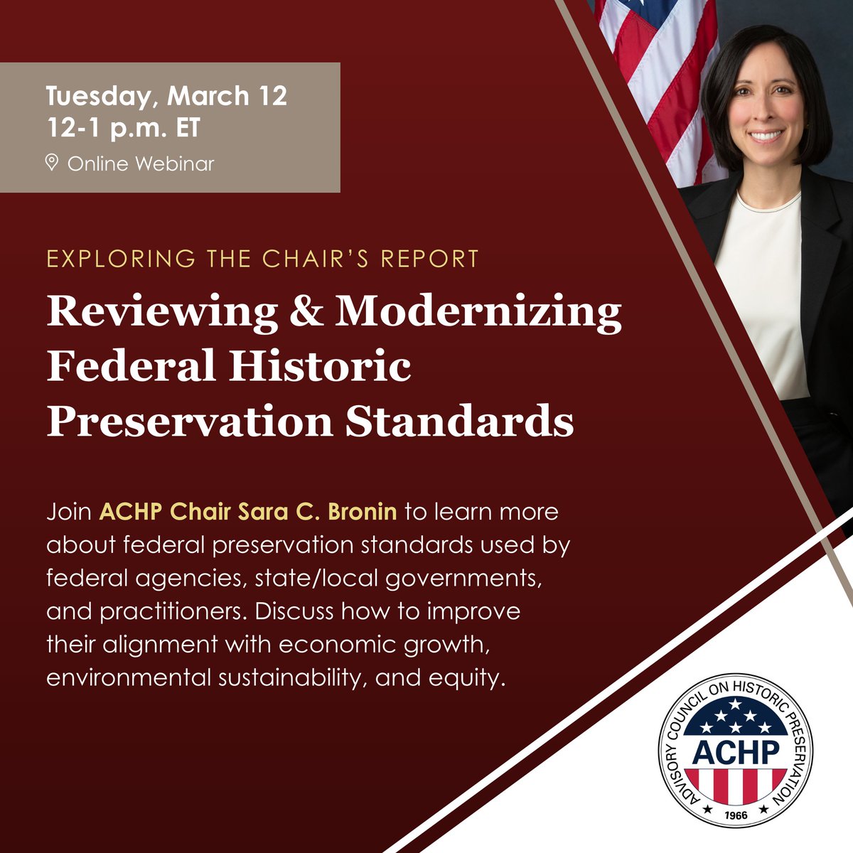 Join @ChairBronin virtually 12 – 1 p.m. ET tomorrow, Tues. 3/12 for Exploring the Chair’s Report: Reviewing and Modernizing Federal Historic Preservation Standards after releasing her Report and Recommendations on Federal Historic Preservation Standards achp.zoomgov.com/webinar/regist…
