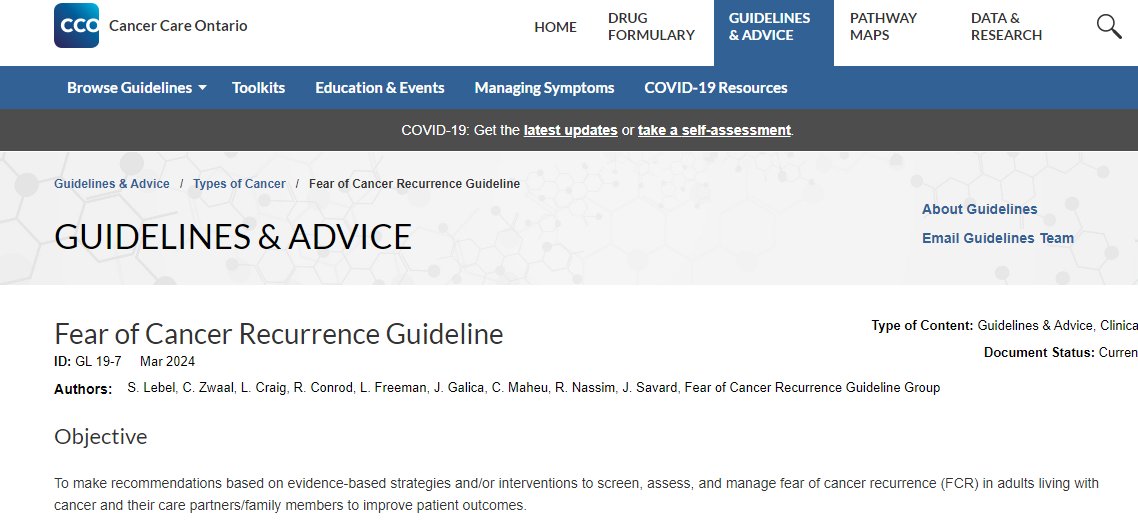 🎉🥳Lots of hard work went into these Fear of Cancer Recurrence Guideline @CancerCare_ON. We reviewed the evidence and came up with recommendations around screening, assessment, and management of #FCR with a focus on implementation.
