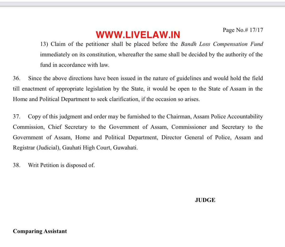 For public awareness - Reference Bandh/Road Blockades/Rail Blockades - Operative part of the JUDGMENT AND ORDER of the Hon’ble THE GAUHATI HIGH COURT in Case No. : WP(C) 7570/2013 Date : 19.03.2019 (35.)Therefore, Court is of the view that this is a fit case where suitable