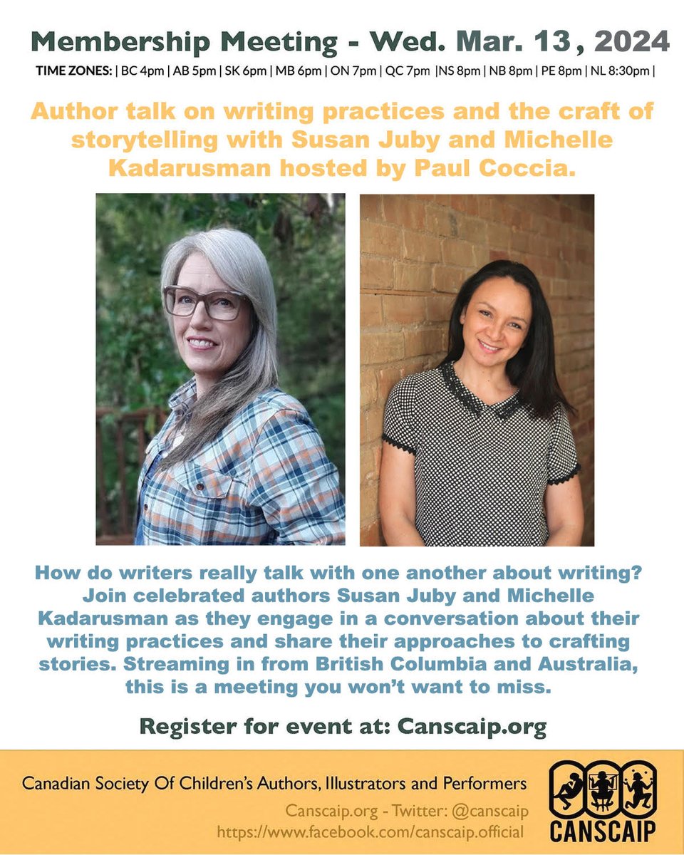 REMINDER: Monthly Membership Meeting this Wed Mar 13 with authors Susan Juby & Michelle Kadarusman (host Paul Coccia). Member announcements too! Info about meetings, here: canscaip.org/Monthly-Meetin…
