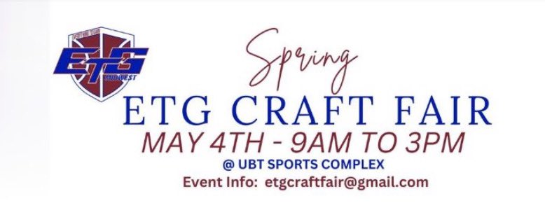 🚨ETG Spring Craft Fair🚨 Come out and support our Inaugural ETG Craft Fair! 🗓️ May 4th ⏱️ 9am-3pm 📍@UBTSportsComplx Help our student-athletes achieve their dreams! 📚 🏀 #EverythingToGain