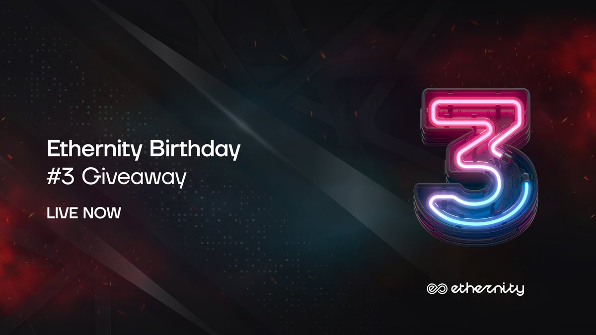 🥁Drumroll🥁 

Join us in celebrating Ethernity's 3rd Birthday with a very special Giveaway🎊

🎟️ Enter to win all week long! 

ERN holders have a chance to win:
- $10,000 worth of ERN
- 20 Ethernity NFTs
- 30 Stone Prizes

Go to giveaway.ethernity.io to connect your wallet,