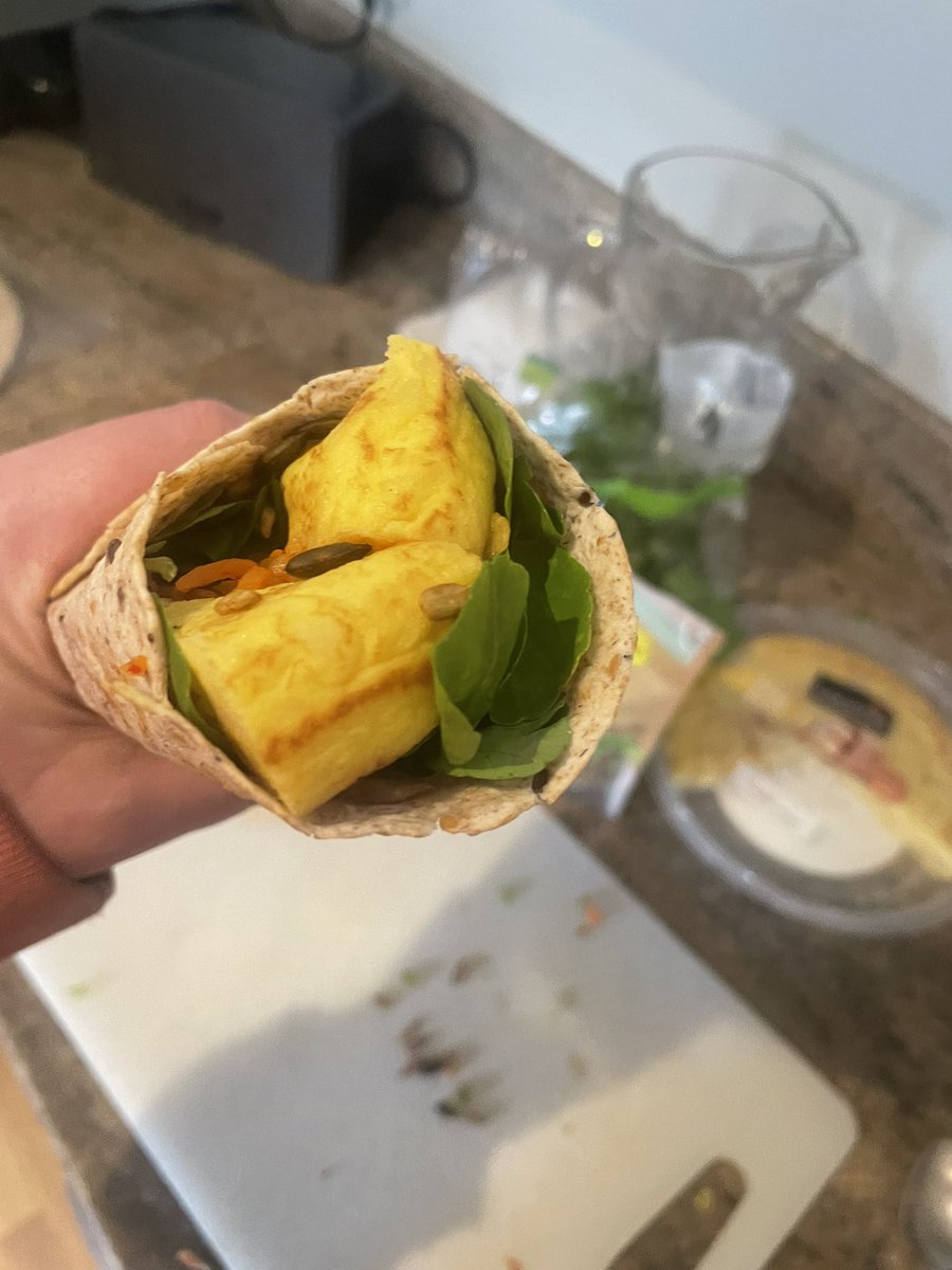 BassMidsTopsEtc's tweet photo. Zero effort, maximum umami. Warm Spanish omlette, watercress, kimchi, tamari roasted seed mix. #wrapgame https://t.co/gvsmp3pcut