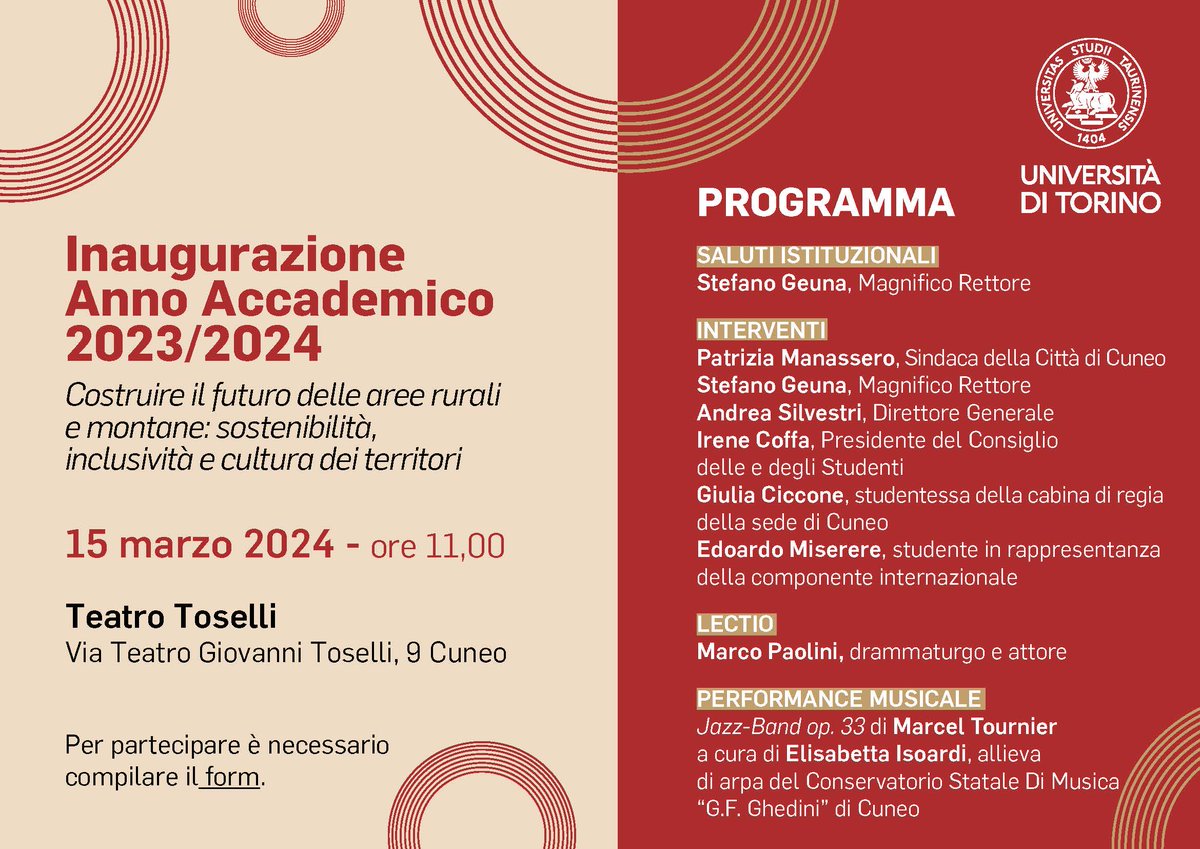 La Cerimonia di Inaugurazione dell'A.A. 2023/2024 UniTo si terrà venerdì 15 marzo alle 11 al Teatro Toselli di Cuneo. 'Costruire il futuro delle aree rurali e montane: sostenibilità, inclusività e cultura dei territori' è il tema dell'evento. unito.it/eventi/cerimon…