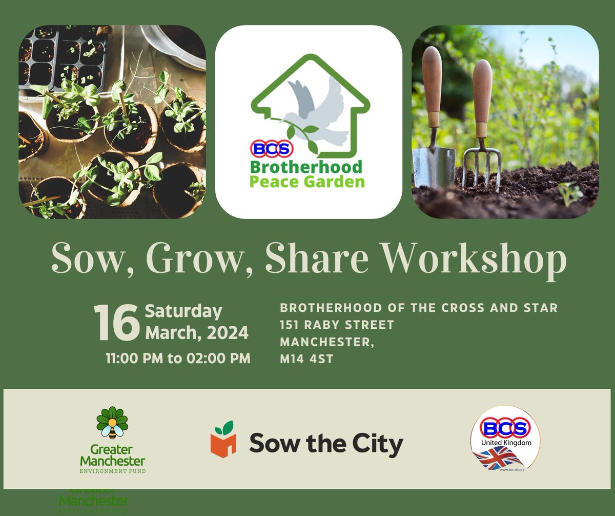 SOW - GROW - SHARE
In preparation for the Good to Grow Week, the  Brotherhood Peace Garden Project will be hosting a Seed Sowing Workshop. Saturday 16th March 11-2 pm✨

Come and Sow, Grow and Share with us ✨
@gmenvfund
@SowtheCity
@GMGreenCity