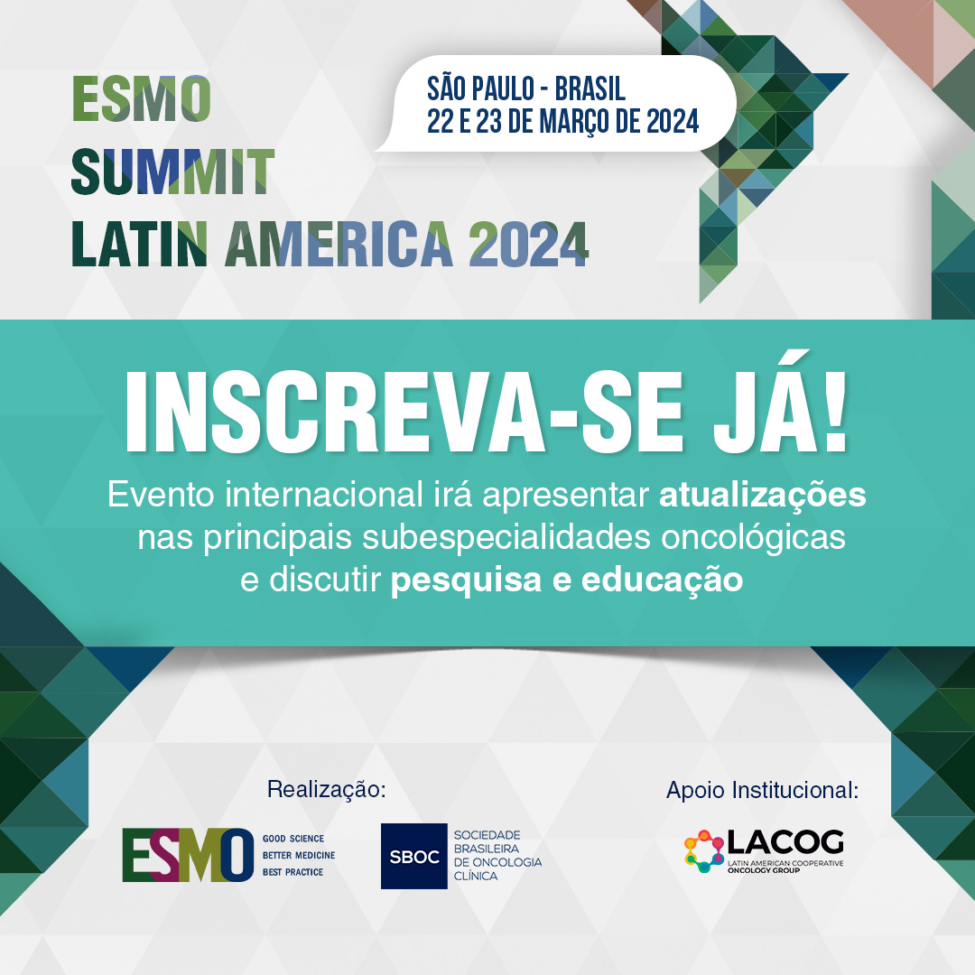 Entre os dias 22 e 23 de março, São Paulo será sede do ESMO Summit Latin America, uma iniciativa da European Society for Medical Oncology (ESMO) em parceria com a Sociedade Brasileira de Oncologia Clínica (SBOC). As inscrições estão abertas em esmosummit2024.com.br.