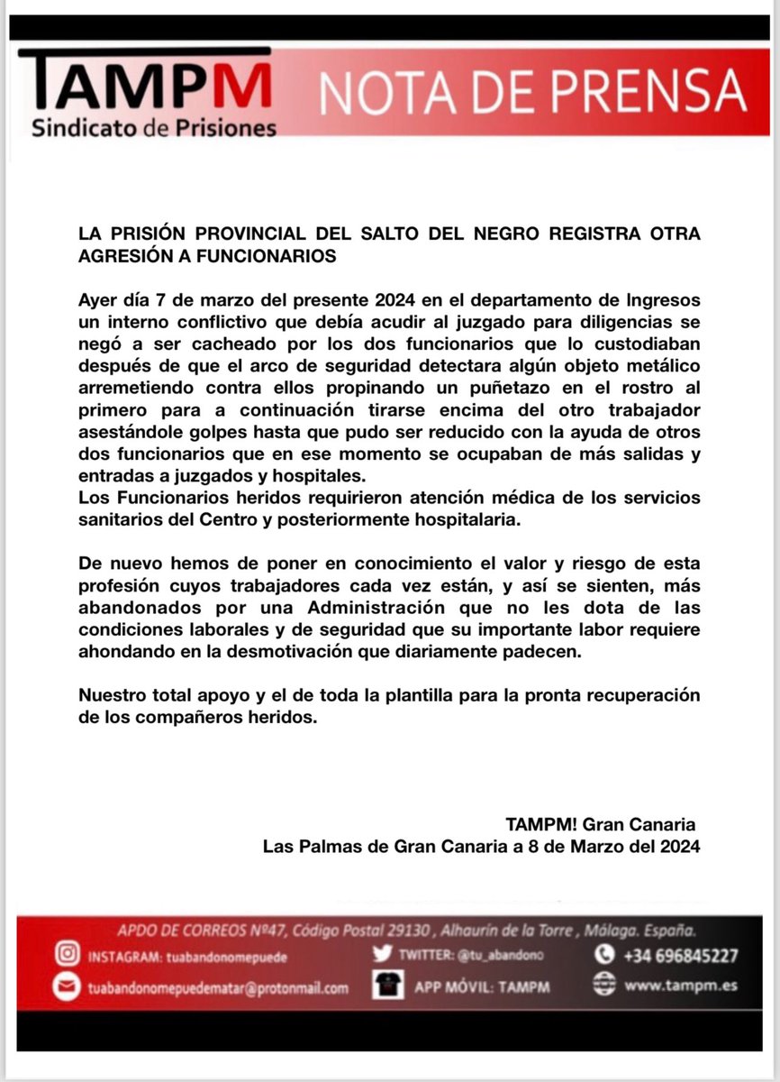 El sindicato <a href="/gcTAMPM/">TAMPM Gran Canaria OFICIAL</a> pone de manifiesto el grave altercado ocurrido en la prisión del Salto del Negro. <a href="/IIPPGob/">Instituciones Penitenciarias</a> <a href="/interiorgob/">Ministerio del Interior</a>. Agresiones casi “gratis” agentes de la autoridad ya!!!
Un preso agrede a dos funcionarios en la prisión de Salto del Negro atlanticohoy.com/sociedad/preso…
