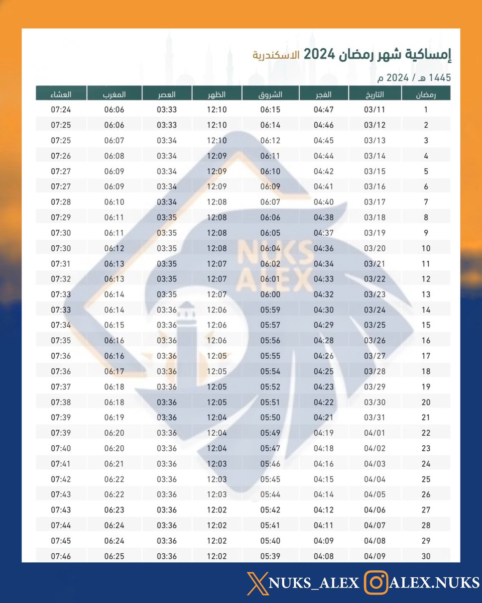 إمساكية الشهر الفضيل🌙
في محافظة الإسكندرية 

• عسى اللّٰـه يتقبل صيامكم و قيامكم •
#طلبة_مصر