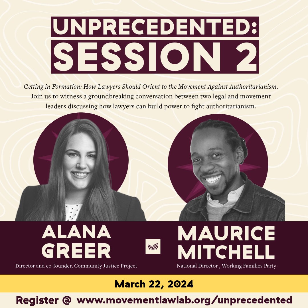 Learn from @MauriceWFP of @WorkingFamilies and @Alana_Greer of @cjpmiami, interviewing each other about the role of progressive lawyers in the Block-and-Build movement for multiracial #democracy. Register for this event and more at movementlawlab.org/unprecedented