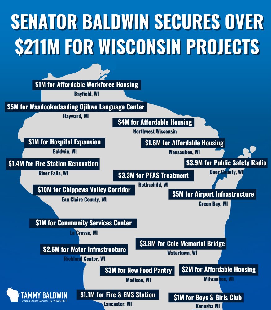 I’m proud to deliver for Wisconsin. These investments will give our communities the resources they need to keep our state safe, service members supported, and our businesses and economy moving forward! Take a look at a few of the projects I delivered for 👇🏻