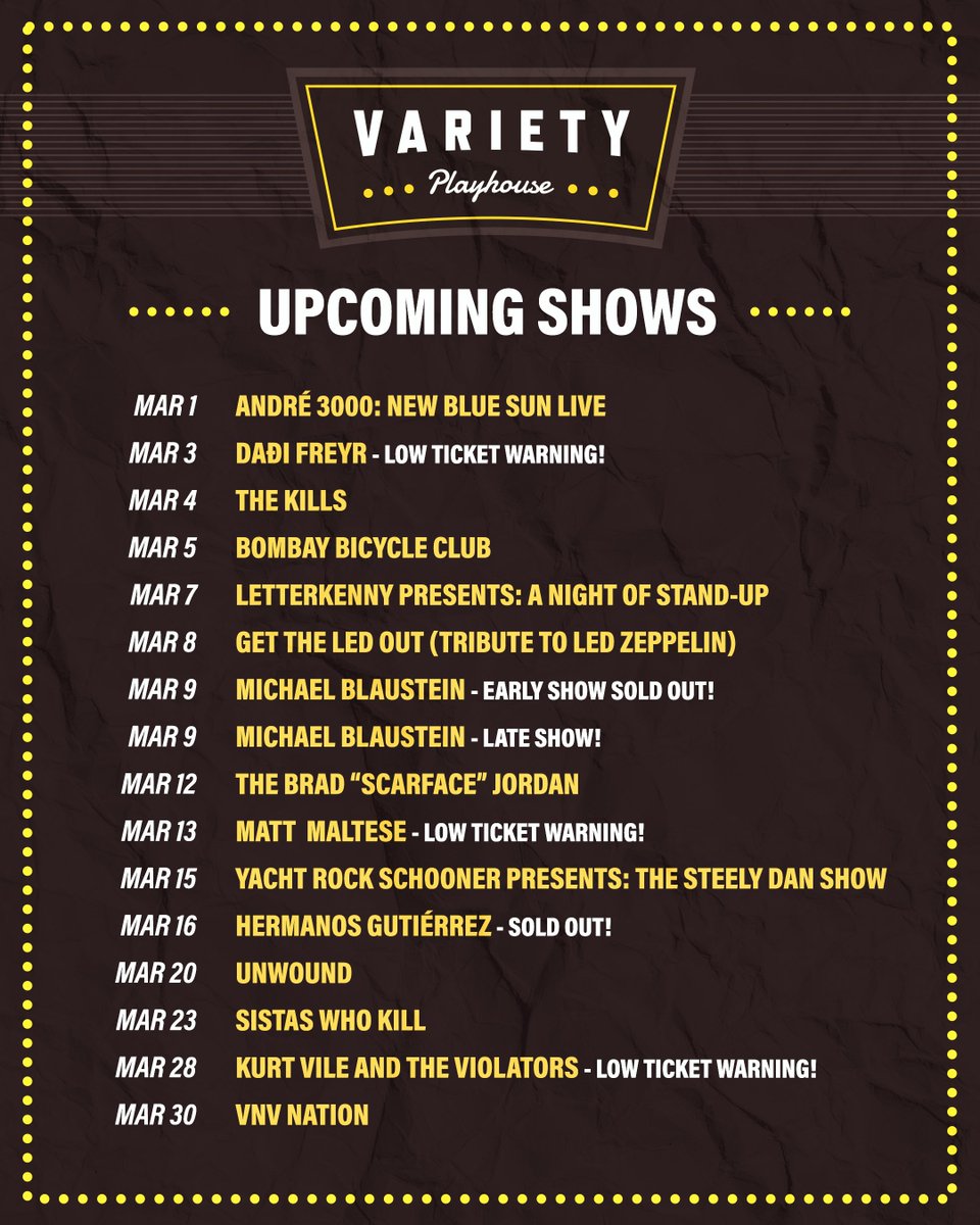 march calendar is stackeddddd catch a show before the month ends- tix available at variety-playhouse.com 🎫❤️‍🔥