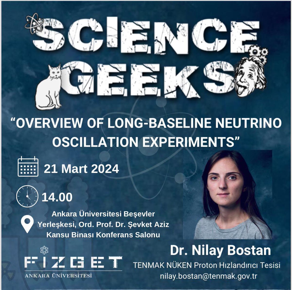 Değerli konuğumuz Dr. Nilay Bostan “Overview of Long-Baseline Neutrino Oscillation Experiments” başlıklı semineri ile bizlerle birlikte olacaktır. 
📍Ord. Prof. Dr. Şevket Aziz Kansu Binası Konferans Salonu 
🗓️ 21 Mart 2024, 14.00
Etkinliğimize katılım sertifikalıdır.