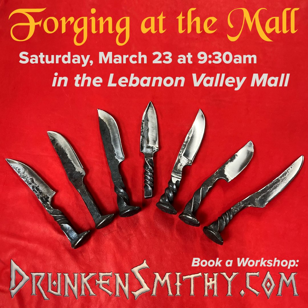 This upcoming forging workshop will be the last one at our mall location for a few weeks while we make some big transitions! Can't wait to forge? Then book your reservation for this workshop: drunkensmithy.com/event-calendar/

#blacksmith #blacksmithing #bladesmith #LebanonPA