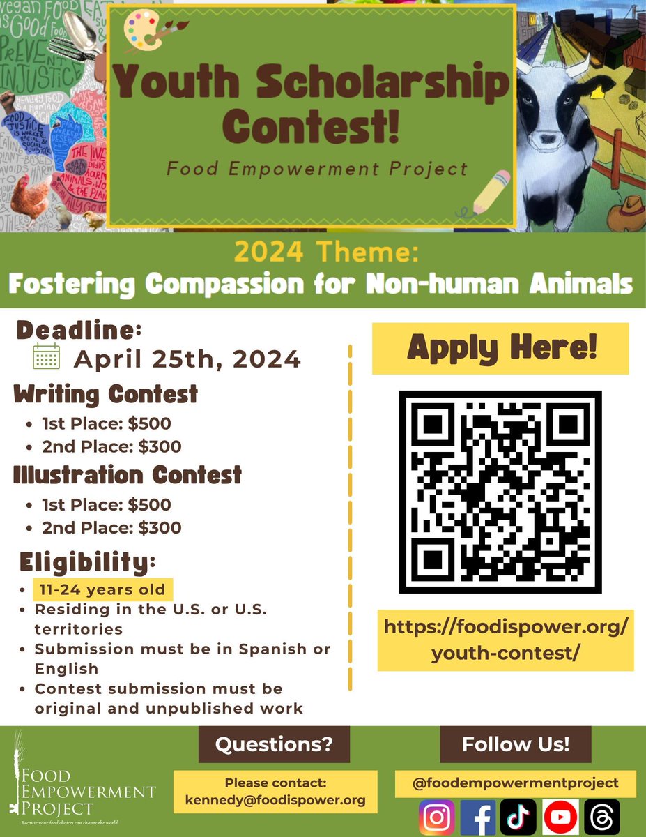 Youth Scholarship Contest
Deadline: April 24, 2024
Link: foodispower.org/youth-contest/