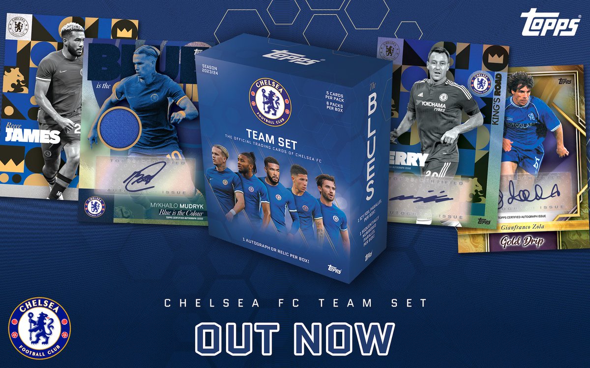 The Chelsea FC Team Set 2️⃣0️⃣2️⃣3️⃣ / 2️⃣4️⃣ is OUT NOW 💙🦁 👑 King's Road 💙 Blue is The Colour 💛 Gold Drip 1️⃣ Autograph, Relic or Auto Relic per box ✅ 1️⃣ Icy Foil 🧊 & Sequentially Numbered Parallel 🪩 per box ✅ 🔗 uk.topps.com/products/topps… #Topps #TeamSet #Chelsea #TheHobby