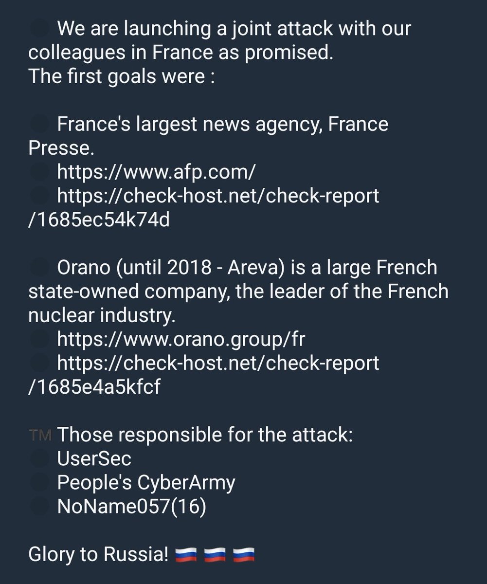 _SaxX_'s tweet photo. Les attaques de type DDOS (comprendre les attaques par déni de service ; c'est à dire qu'il y aura tellement de requêtes vers le site internet... qu'il va planter) ne sont pas nouveau. 

Depuis quelques heures, au moins 4 groupes de hactivistes (comprendre des cybercriminels qui ne sont pas motivés par l'argent mais plutôt par de l'idéologie) attaquent différents sites en France 🇫🇷.

Il s'agit de :
- UserSec
- Anonymous Sudan
- People's CyberArmy
- NoName057(16)

Certains d'entre-eux sont pro-ruses. 

Parmi leurs cibles :
- l'AFP 
- Certains sites du gouvernement français 
- certaines entreprises 

Ces dernières semaines, j'observe régulièrement de nombreuses cyberattaques de type DDOS contre différents pays comme la Finlande, l'Allemagne, Israël ou encore la France, ...

Derrière ces attaques, des motifs parfois politiques, d'autres idéologiques, parfois liés à l'actualité et certaines fois qui remontent à quelques jours... semaines ! 

On n'en parle pas forcément à chaque fois... pour la simple raison que les attaques ddos sont pas très techniques en soit et leur impact nul en terme de criticité. Néanmoins elles sont tjrs impressionnantes surtout lorsqu'elles mettent à terre d'important sites pendant des heures... voire des jours. 

Hélas, ce type d'attaques va se renforcer et devenir de plus en plus fréquent sur la France, une fois de plus encore, due à notre position géopolitique mais aussi à la tenue des JO2024.

Cybèrement vôtre,

SaxX
