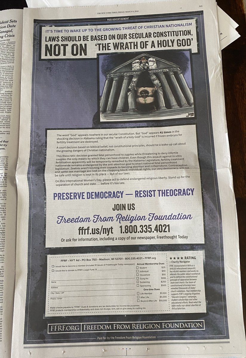 Our New York Times ad, also running digitally, points out the dangers right now of Christian nationalism, the Alabama IVF controversy being but a symptom.