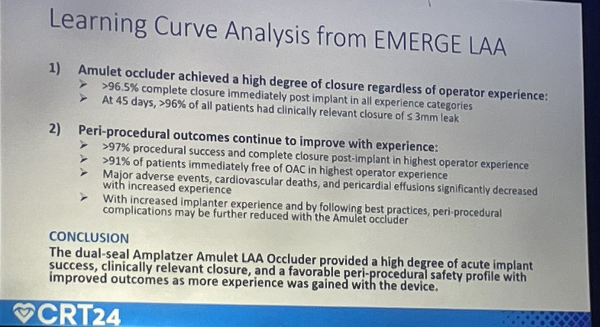 #CRT2024 #cardiotwitter learning curve and outcomes with Amulet occluder within the emerge LAA post approval study By Dr Atman Shah.
@cardioPCImom @Umair2017 @KTamirisaMD @Pooh_Velagapudi @Hragy @ZainabDakhil2 @BCase07 @ron_waksman