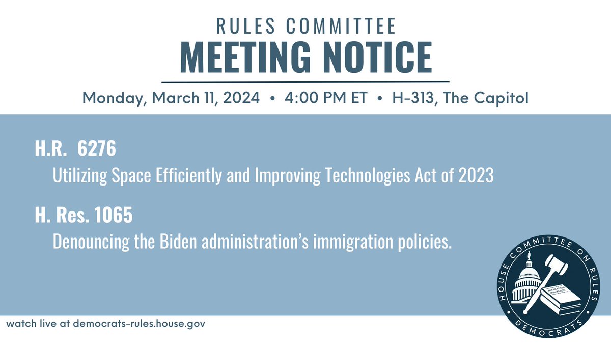 The committee will meet at 4:00 pm on two measures: 📜 H.R. 6276, Utilizing Space Efficiently and Improving Technologies Act 📜 H. Res. 1065, a non-binding resolution 'Denouncing the Biden administration’s immigration policies.' Watch it live, here 👉 youtube.com/watch?v=sOanV9…