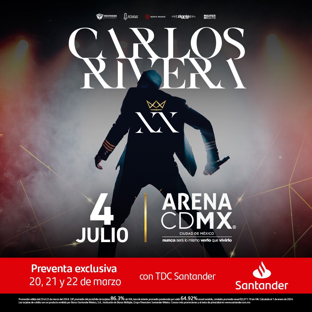 _CarlosRivera's tweet photo. Nuestra gran fiesta de celebración llega a la @ArenaCdMexico este 4 de Julio. Será una noche inolvidable. ¡No te quedes fuera! 

#CarlosXX👑 https://t.co/QpRRPXOgfi