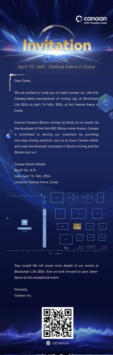 Canaan will be in Dubai on April 15th/16th for Blockchain Life 2024. Come see us at our premier booth!

Avalon miners welcome! See you soon 🪙⛏️ 🎆 🎆 🎆

#BlockchainLife #Dubai #BitcoinHalving