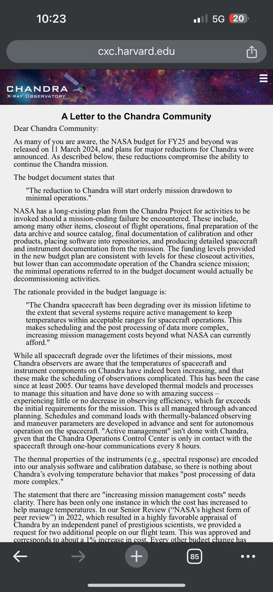 .@chandraxray Director Dr. Pat Slane has posted a statement to the Chandra community related to the demonstrably incorrect statement used to justify Chandra’s catastrophic cuts in the FY25 Request cxc.harvard.edu/cdo/announceme… #SaveChandra