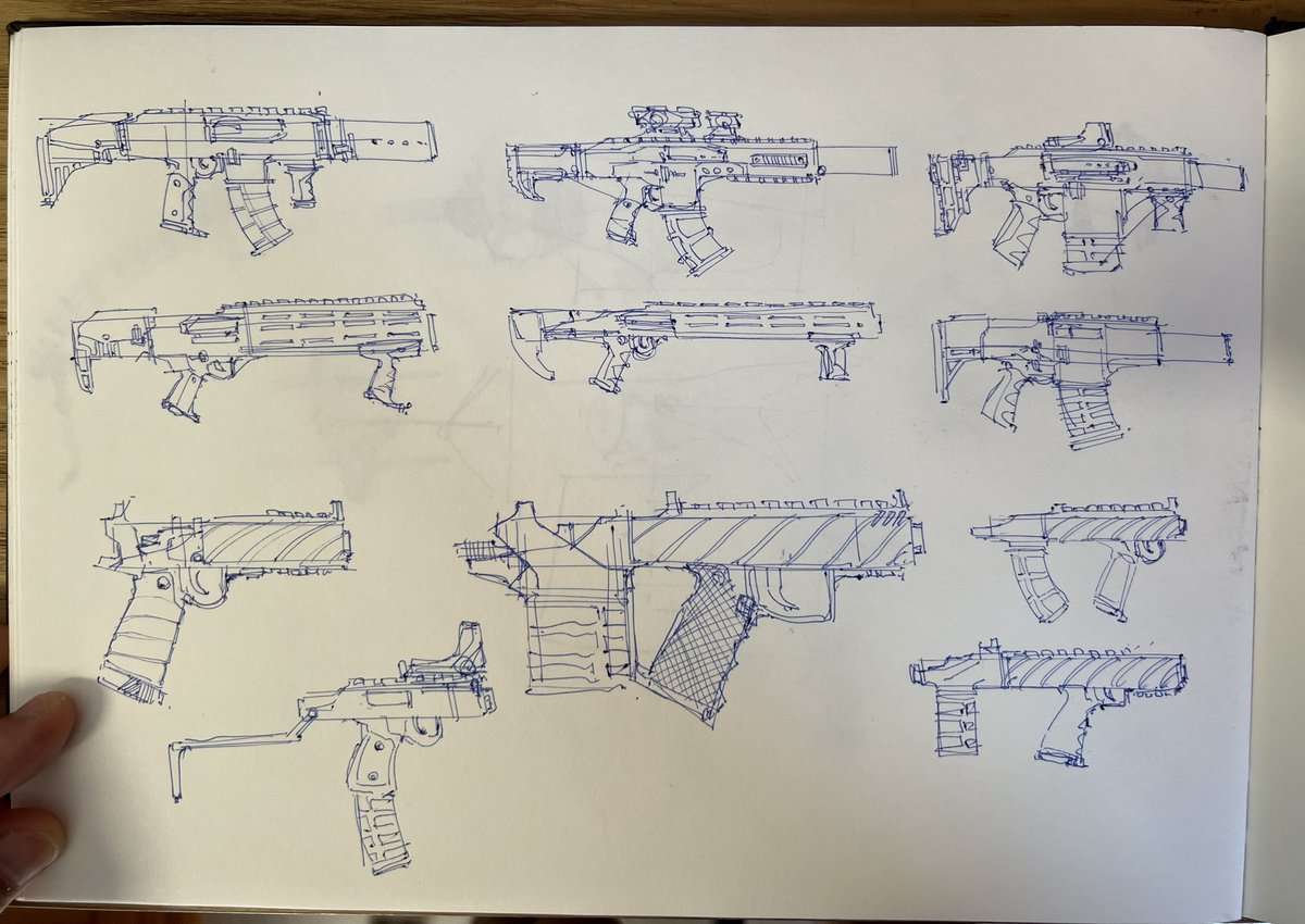 Today in more “put aside” ideas. 12/20ga gyrojet rifles with same design as Gen-12s - wanted to design my own #40K bolter. 12mm handgun and bullpupped handguns. The SMG bottom left is still being considered tho #guns #weapons #sketches #paper