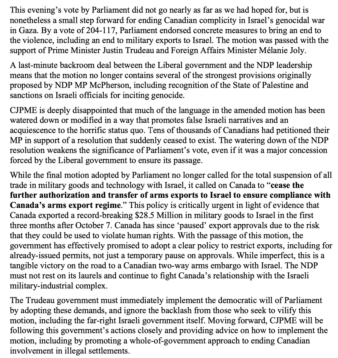 By 204-117, Canada’s Parliament just voted for an end to military exports to Israel. Other key demands, including recognition of the State of Palestine, were dropped from the final watered-down motion. See CJPME’s full statement: cjpme.org/pr_2024_03_18_…