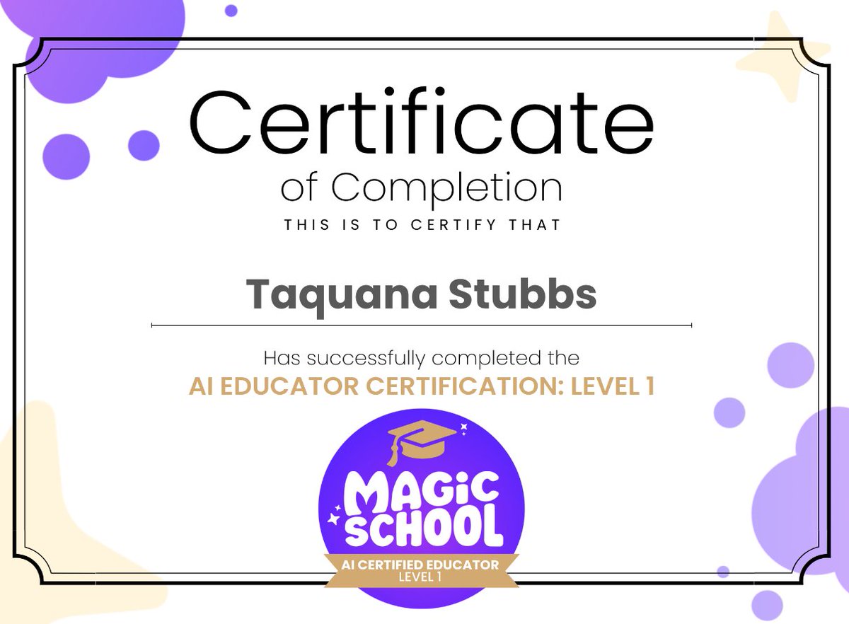 Taquana Stubbs (@stubbs_hilliard) on Twitter photo Excited to achieve Level 1 of AI-Certified with <a href="/magicschoolai/">MagicSchool AI 💜 🪄✨</a> 🎉 I am also thrilled to enhance my teaching toolkit with AI insights 💜 Onward to Levels 2 and 3, empowering students with cutting-edge knowledge! ✨#AI #MagicSchool #AppleLearningCoach 🍎 Excited to achieve Level 1 of AI-Certified with <a href="/magicschoolai/">MagicSchool AI 💜 🪄✨</a> 🎉 I am also thrilled to enhance my teaching toolkit with AI insights 💜 Onward to Levels 2 and 3, empowering students with cutting-edge knowledge! ✨#AI #MagicSchool #AppleLearningCoach 🍎
