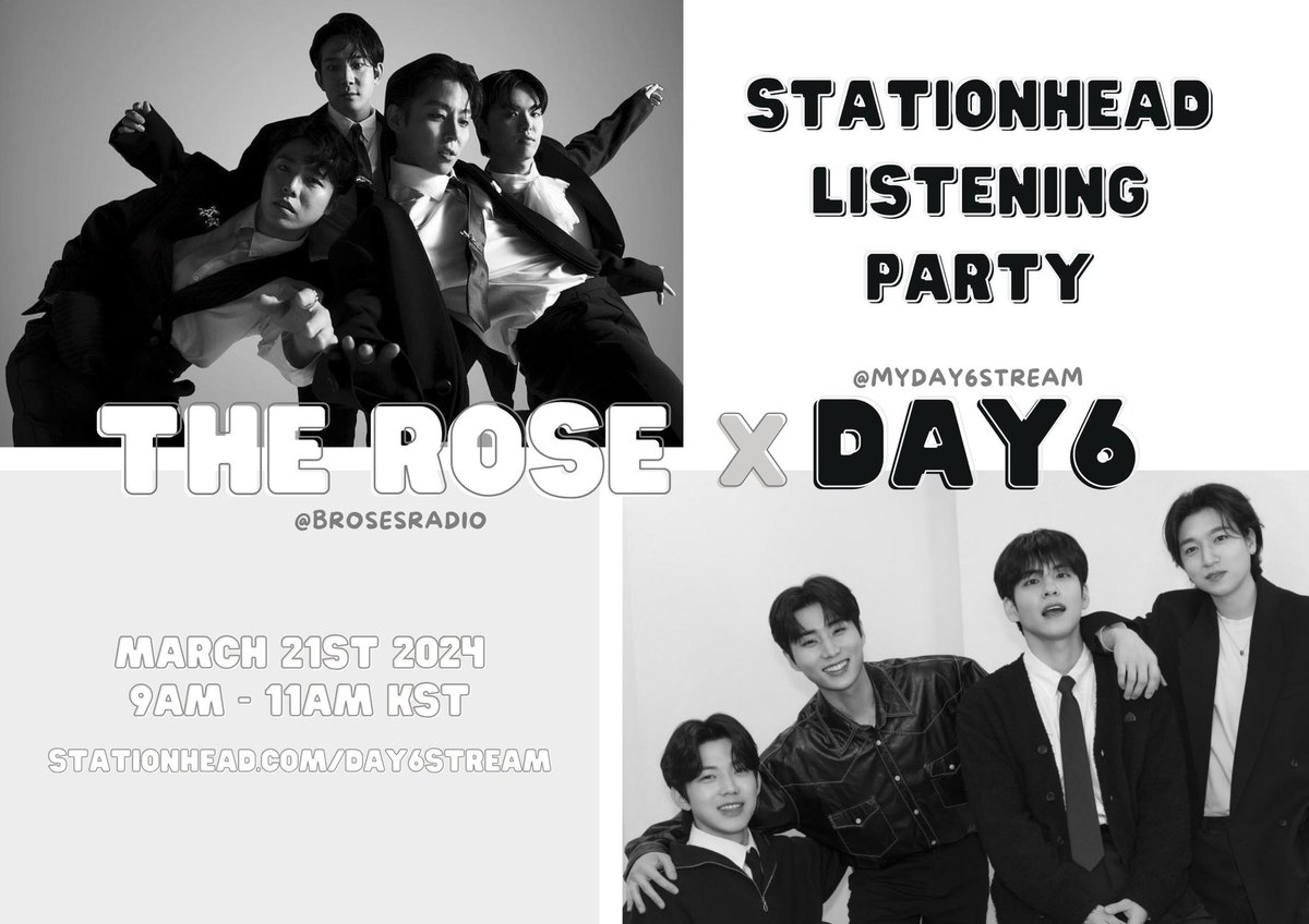 brosesradio's tweet photo. Hey yall!!! Next collab!!! Join us and @myday6stream to stream 'Fourever' and some of The Rose 🌹 it's gonna be fun!!! See u then!!
March 20th 8pm EST | 5pm PST
March 21st 9am KST
https://t.co/ffx8UFHFD3
@TheRose_0803 @day6official #TheRose #Fourever #DAY6 #DAY6ISBACK https://t.co/Mom3e0BlDb