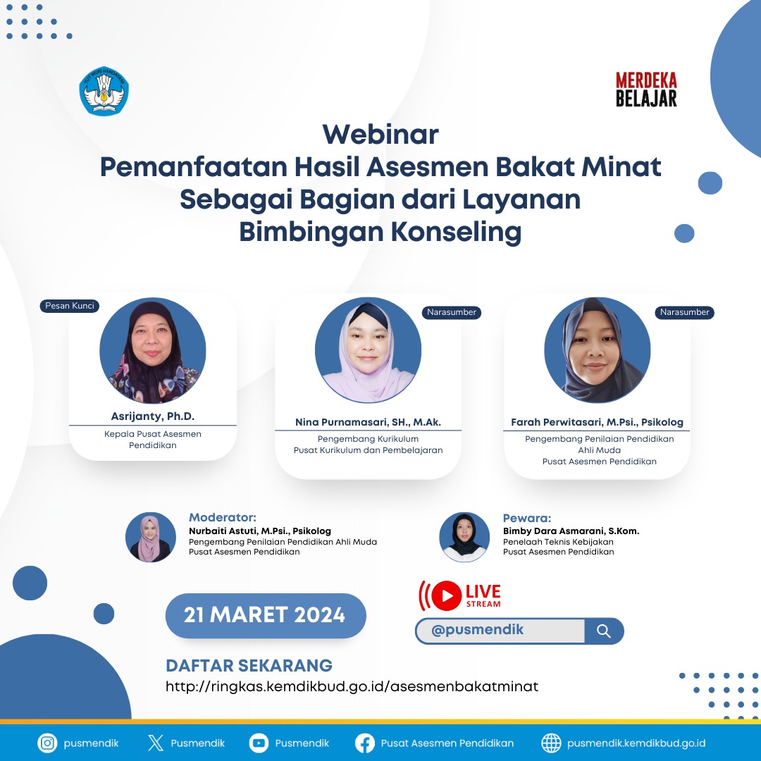 Halo, #Sobat Asesmen, 
Kabar gembira untuk para guru bimbingan konseling, Pusat Asesmen Pendidikan akan mengadakan Webinar Pemanfaatan Hasil Asesmen Bakat dan Minat sebagai Bagian dari Layanan Bimbingan Konseling. 
Ayo, jangan sampai ketinggalan!